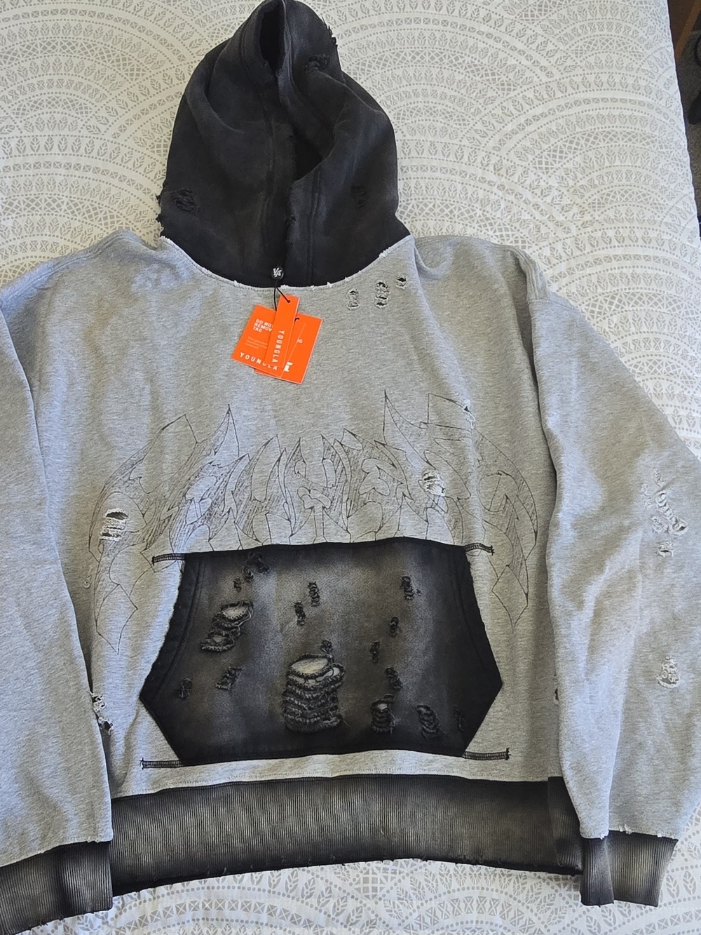YoungLA Kids Distressed Hoodie in Gray and Black with Graphic Panel